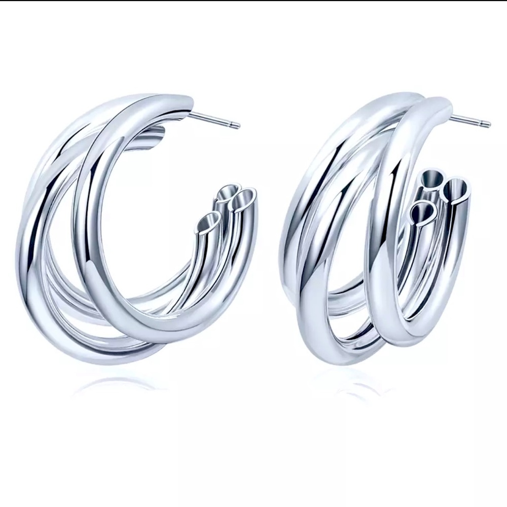 Silver plated triple hoop earrings